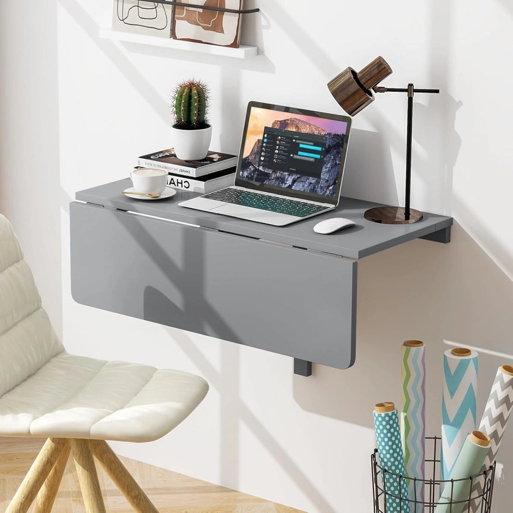 Tavolo Pieghevole a Muro, Tavolino Porta PC da Parete in Legno, Tavolo a Scomparsa Multifunzionale, Ideale per Soggiorno, Cucina e Studio, 80 x 60 x 45 cm (Grigio)