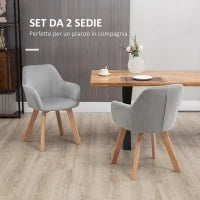 Set 2 Sedie per Sala da Pranzo Imbottite in Velluto con Braccioli e Gambe in Legno, Grigio