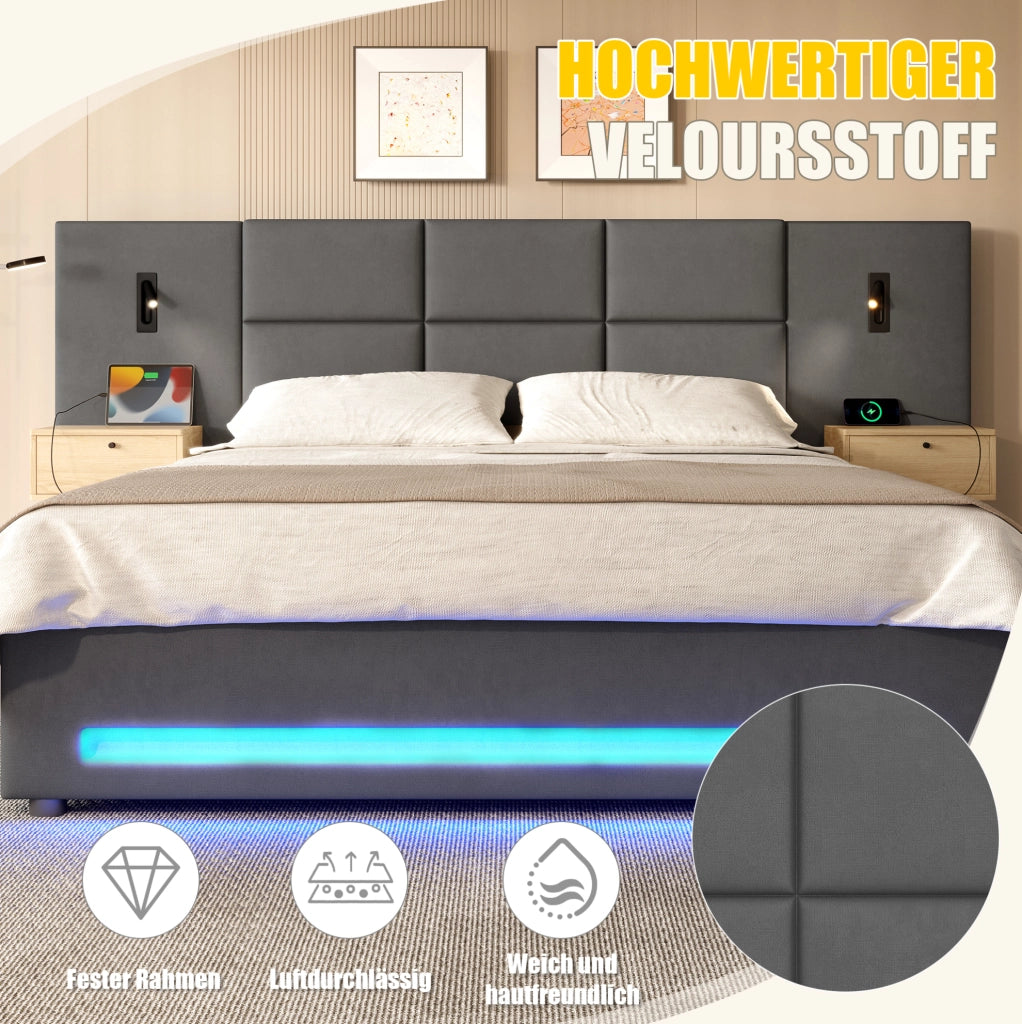 Letto imbottito 180x200 cm con contenitore; LED; USB-C e cassetti in velluto grigio scuro