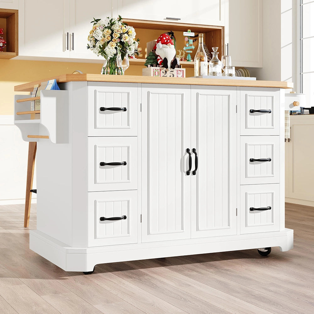 Isola da cucina mobile - Xylo - 120x45(75)x91 cm - bianco/nero - 2 ante e 6 cassetti