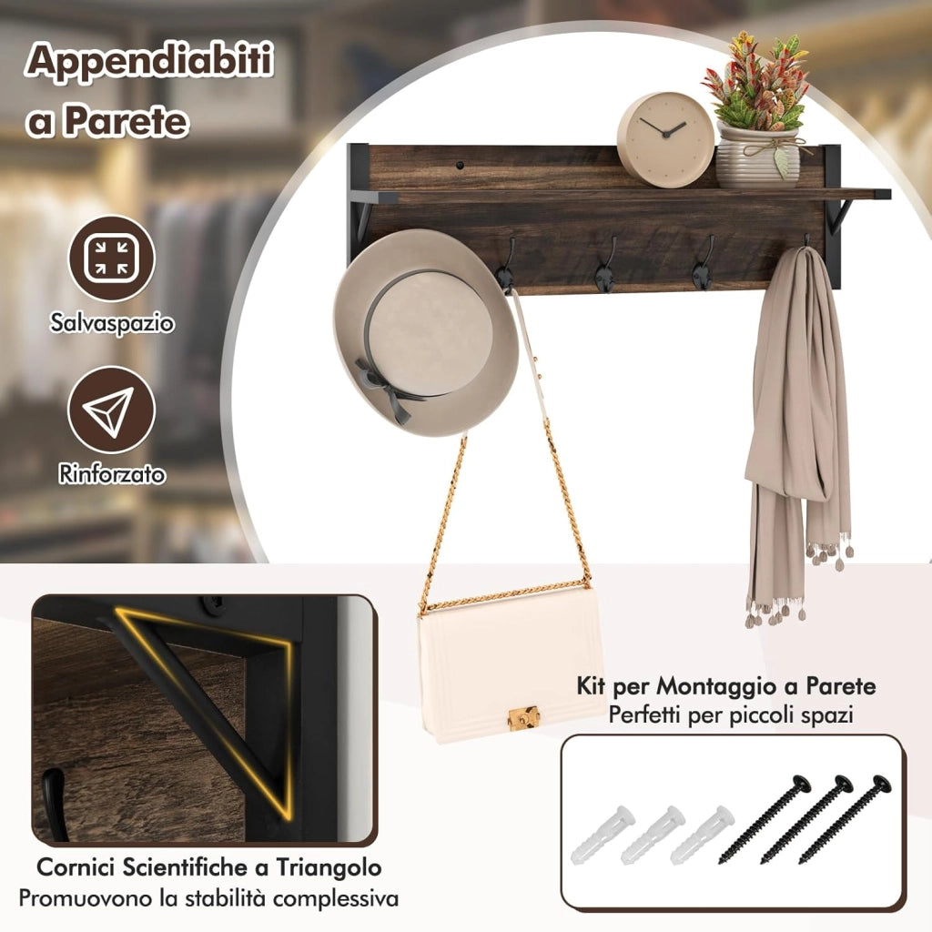 Set Appendiabiti con Scarpiera, Scarpiera a 5 Ripiani con Appendiabiti da Muro, Organizzatore per Scarpe con Ganci Cassetti e Mensole, per Ingresso Camera da Letto