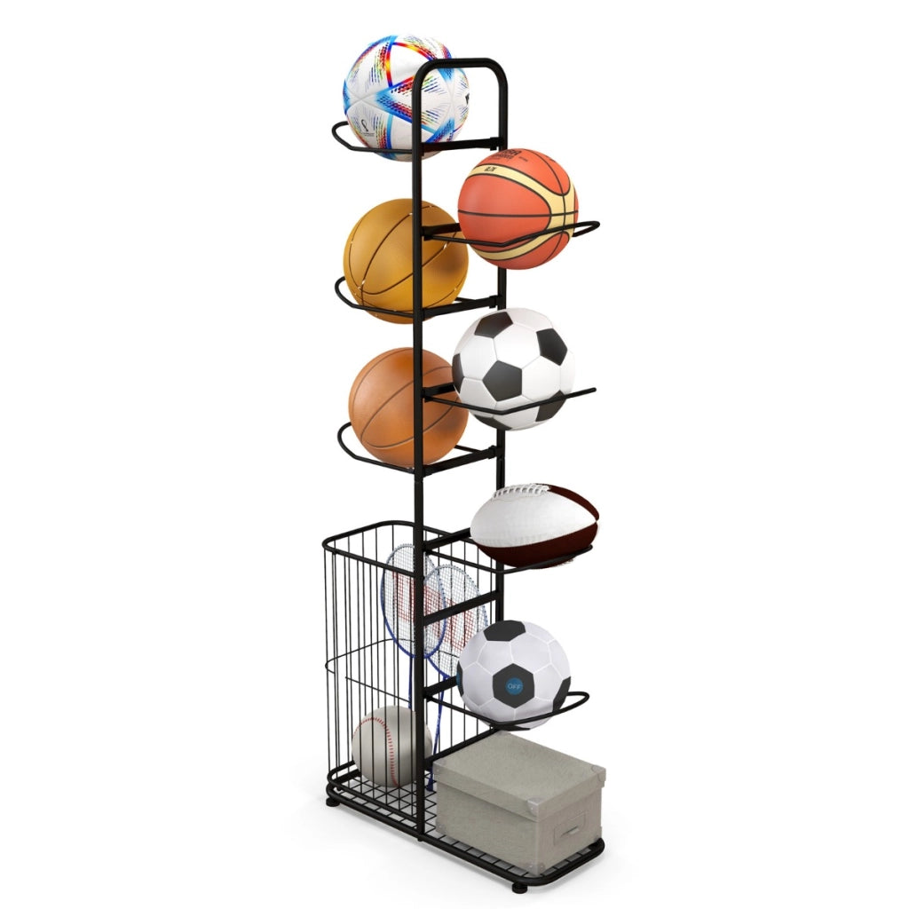 Scaffale portapalle a 7 livelli con 7 asticelle rimovibili e cestino laterale per palline-Porta pallacanestro in metallo Nero