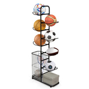 Scaffale portapalle a 7 livelli con 7 asticelle rimovibili e cestino laterale per palline-Porta pallacanestro in metallo Nero