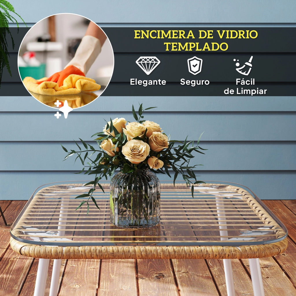 Tavolo da giardino in rattan con piano in vetro temperato e gambe regolabili 50x50x44 cm naturale ¨C Xylo