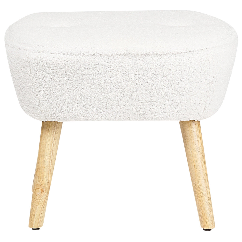 Poltrona Boucle bianco Rivestimento poggiapiedi Gambe in legno Motivo solido Retro Boho Soggiorno