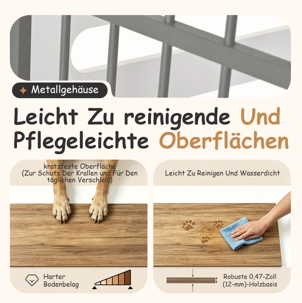 Cuccia per cani 2 in 1 con tavolino laterale; 2 ciotole in acciaio; bianco e rovere chiaro