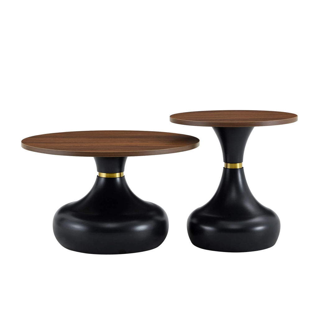 Set di 2 tavolini rotondi impilabili; piano effetto noce; metallo nero