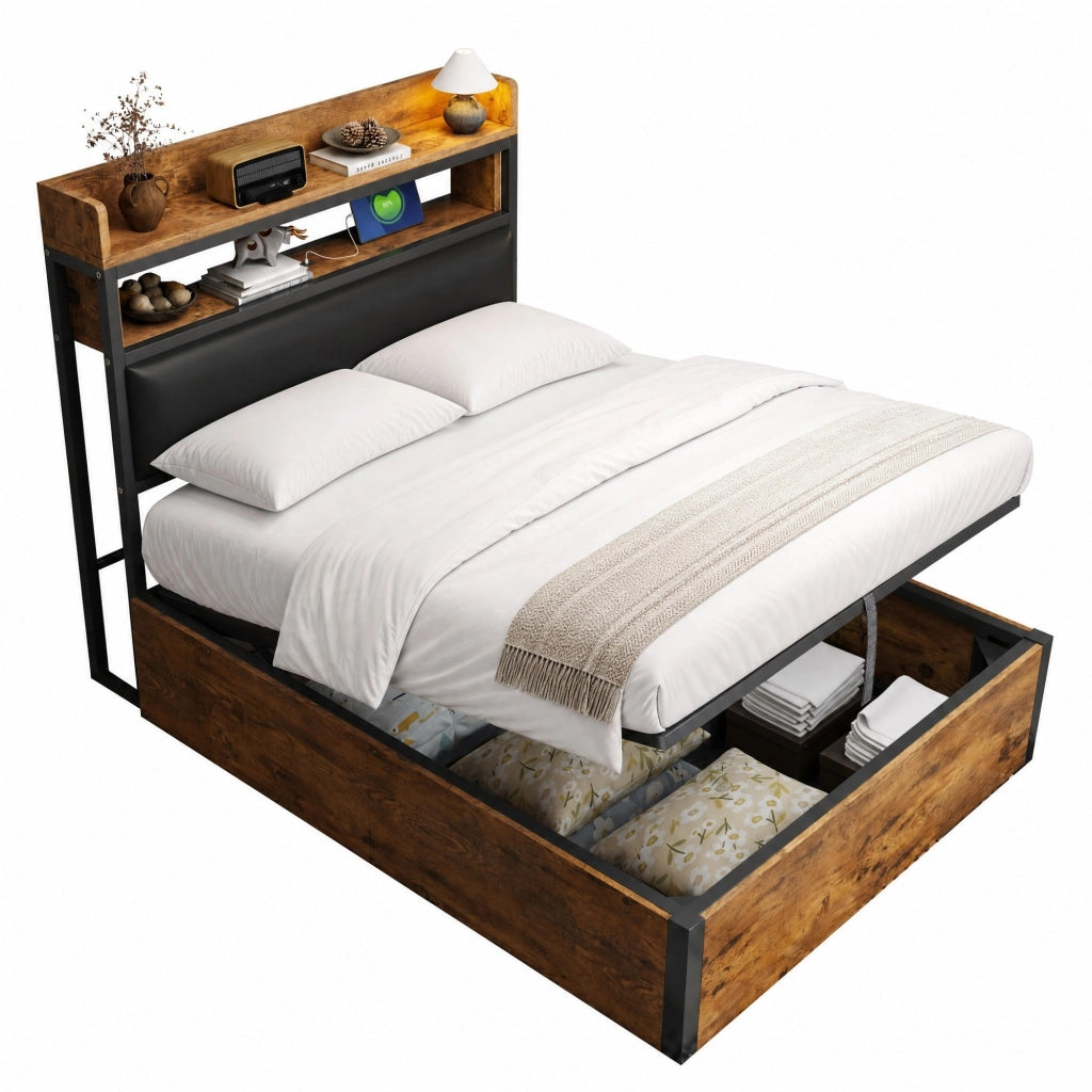 Letto contenitore 90x200 con sollevamento idraulico, USB e testiera imbottita