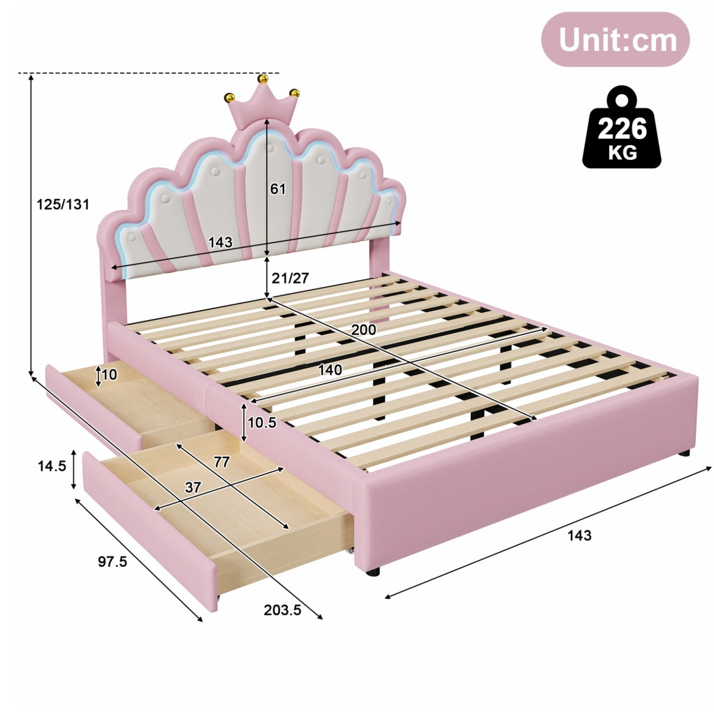 Letto imbottito 140x200 cm; testiera regolabile e 2 cassetti; PU rosa (Senza materasso)