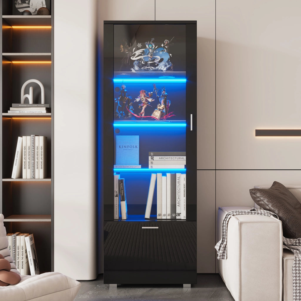 Vetrina 40x50x160 cm con LED; ante in acrilico e ripiani in vetro temperato; nero