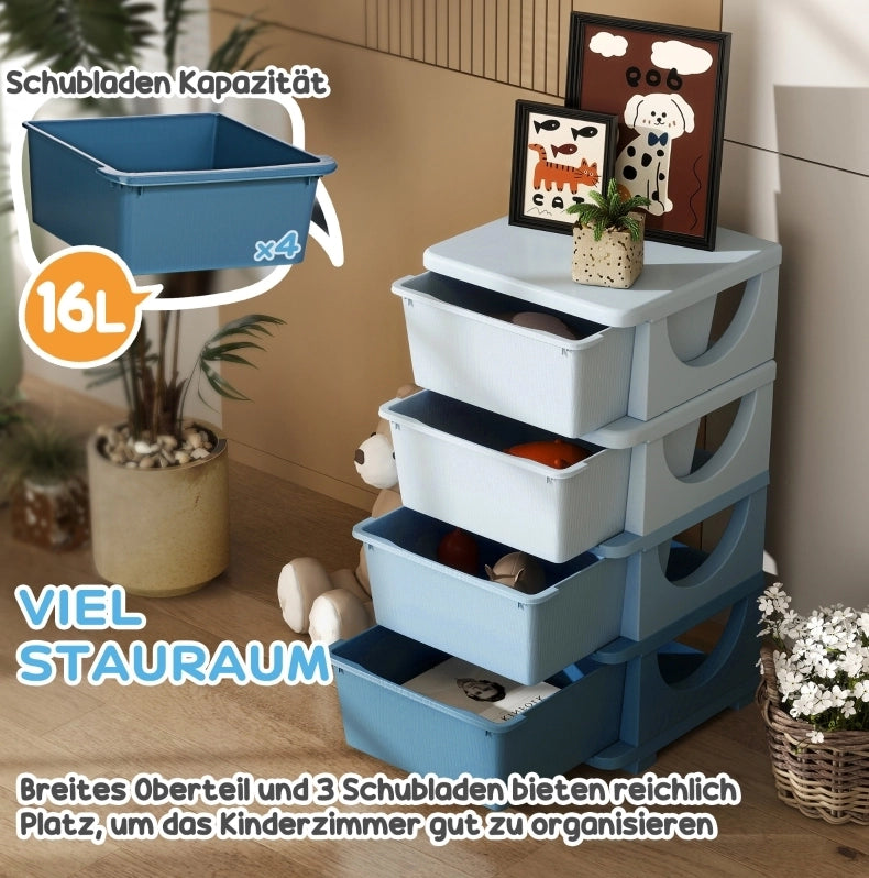 Cassettiera portaoggetti bambini blu con 4 cassetti