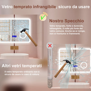 AICA Specchio da bagno  80 x 60 cm, dimmerabile, Blue tooth, Funzione Memoria, antiappannamento, 3 colori, Magnificatore,  orologio