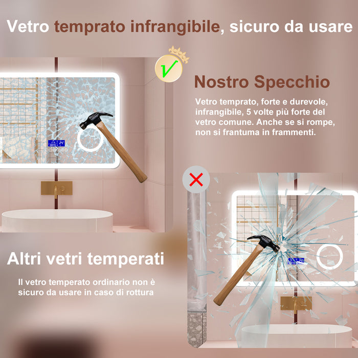 AICA Specchio da bagno  80 x 60 cm, dimmerabile, Blue tooth, Funzione Memoria, antiappannamento, 3 colori, Magnificatore,  orologio