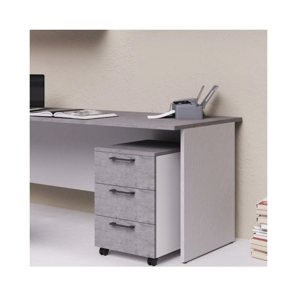 Cassettiera da ufficio 3 cassetti cemento e bianco frassinato Ibisco con ruote e serratura 40x55x58H