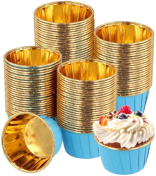 Vormpjes a forma di cupcake 200 pezzi - Vormpjes in carta densa - Vormpjes per muffin mini - Blu con oro - 68 x 39 mm - Resistenti al forno fino a 230 gradi