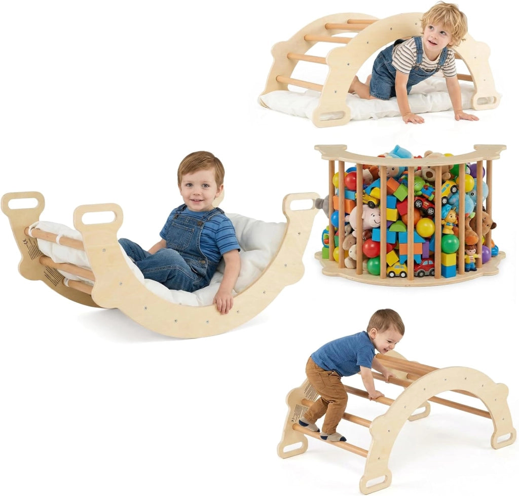 Arco da Arrampicata per Bambini, 3 in 1 Altalena ad Arco in Legno con Cuscino Morbido, Doppia Faccia, Ideale per Bambini 3+ Anni (Stile 2 Naturale)