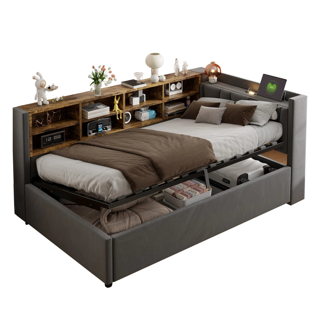 OKWISH Letto a divano 90×200 cm, Letto Singolo con Contenitore Idraulico, USB, Type C, Luce da Lettura e Mensole, senza Materasso, Grigio