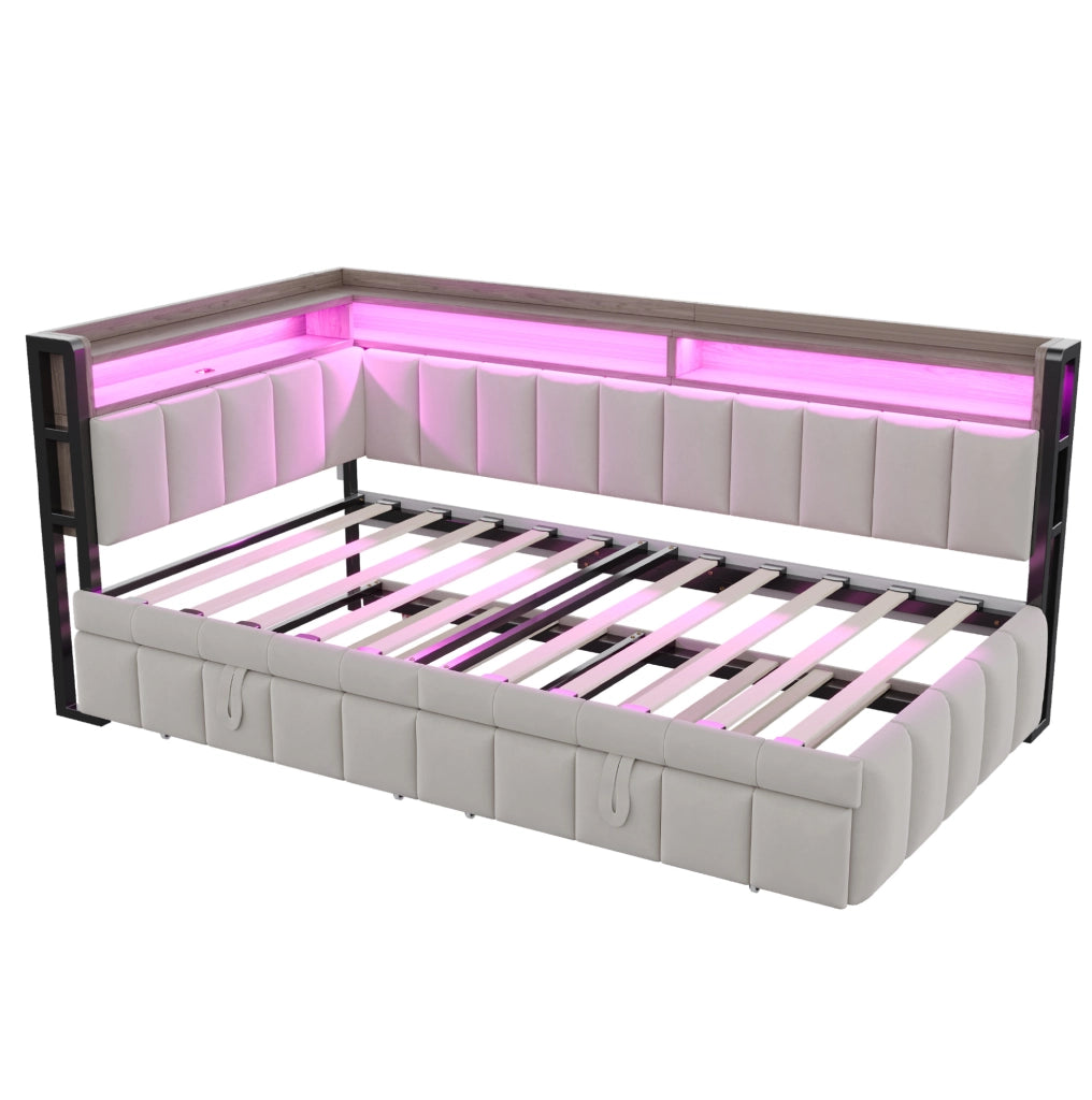 Divano letto estraibile 90x200 cm con LED e porte USB-C