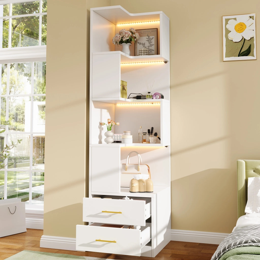 Libreria angolare con 2 cassetti e LED - per soggiorno - 165×45×45 cm - bianco