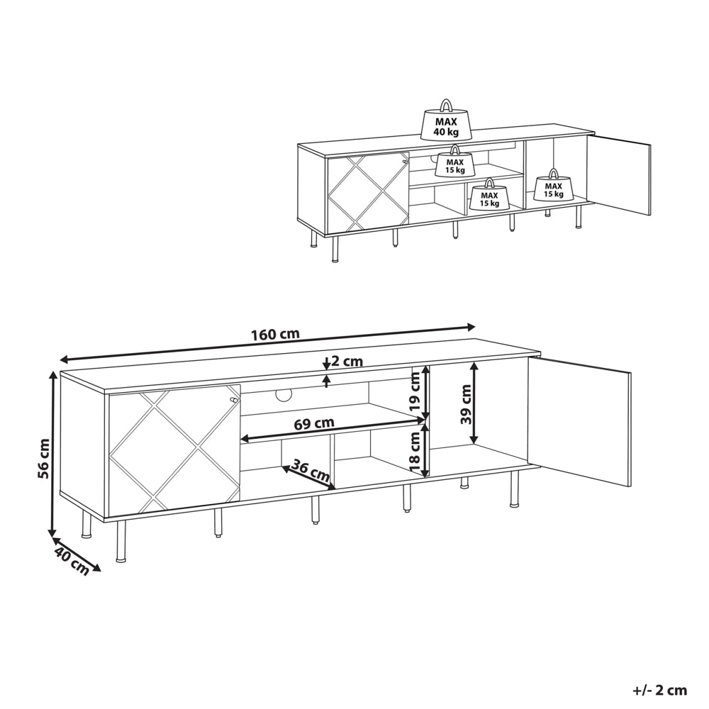 Mobile TV Legno Chiaro Bianco Truciolare Metallo 160 x 56 x 40 cm per TV fino a 70ʺ 2 Ante 3 Ripiani Gambe Nere Design Scandinavo Soggiorno