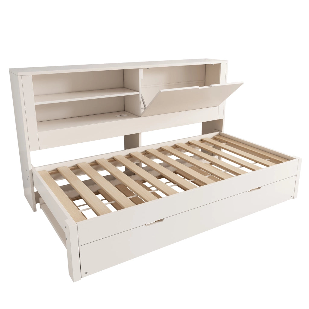 Sofà letto singolo 90x200 cm con letto estraibile, vano contenitore, ricarica USB/USB-C, bianco