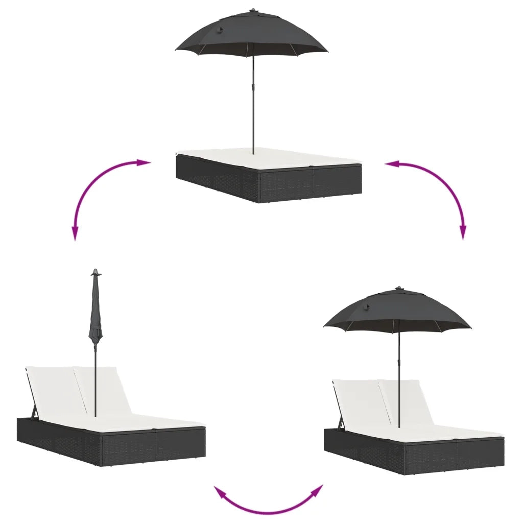 Lettino Prendisole Doppio Cuscini e Parasole Nero in Polyrattan 368081