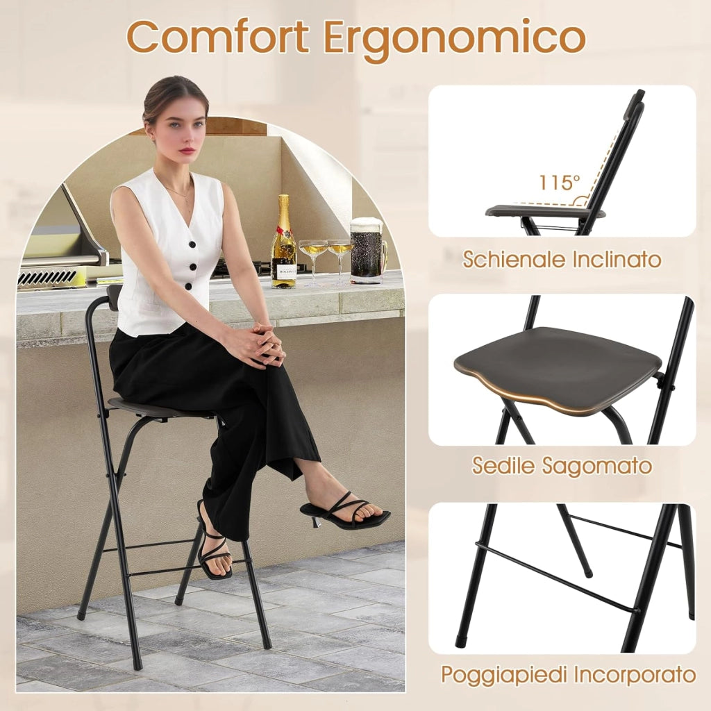 Set di 2 Sgabelli da Bar Pieghevoli, Sedia Alta con Schienale e Poggiapiedi, Struttura in Metallo, per Interno ed Esterno, Portata 150 kg (Grigio)