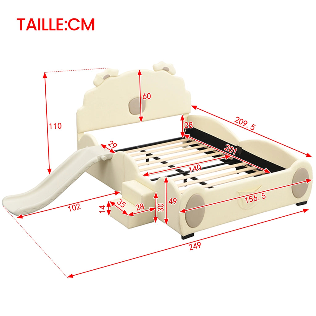 Letto per bambini 140×200 cm a forma di orso con scivolo e scala; senza materasso; PU; beige