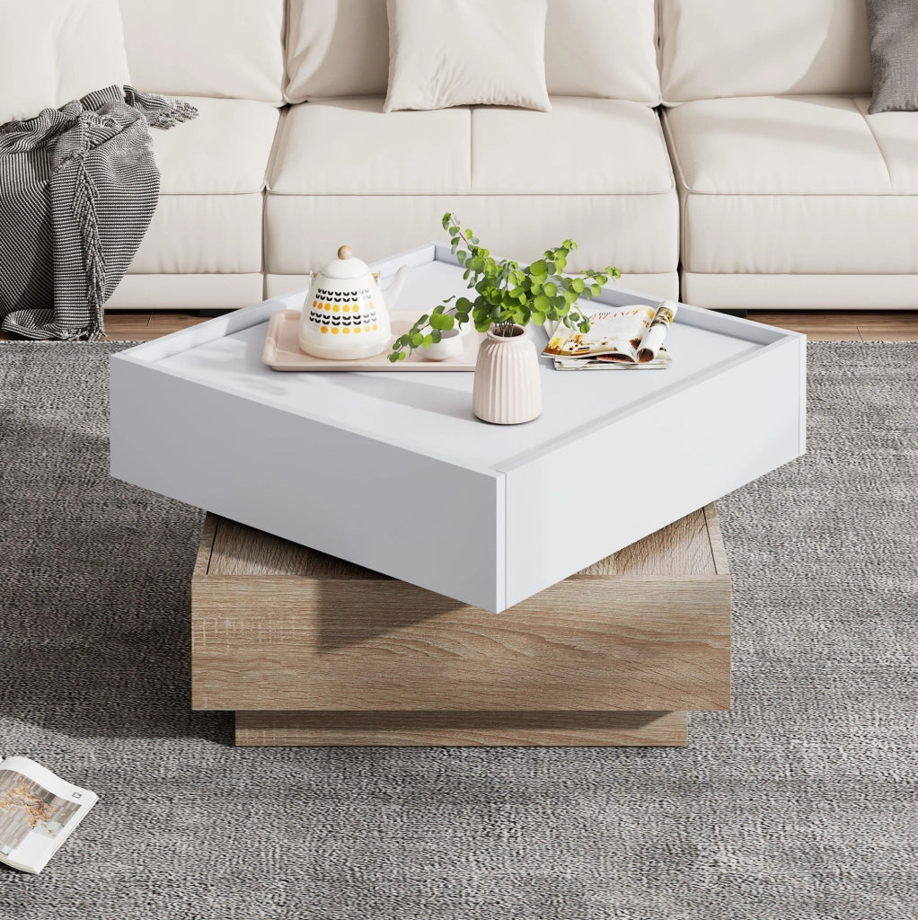 Tavolino da salotto girevole a 360° con 2 cassetti; 60x60x38 cm; bianco e noce