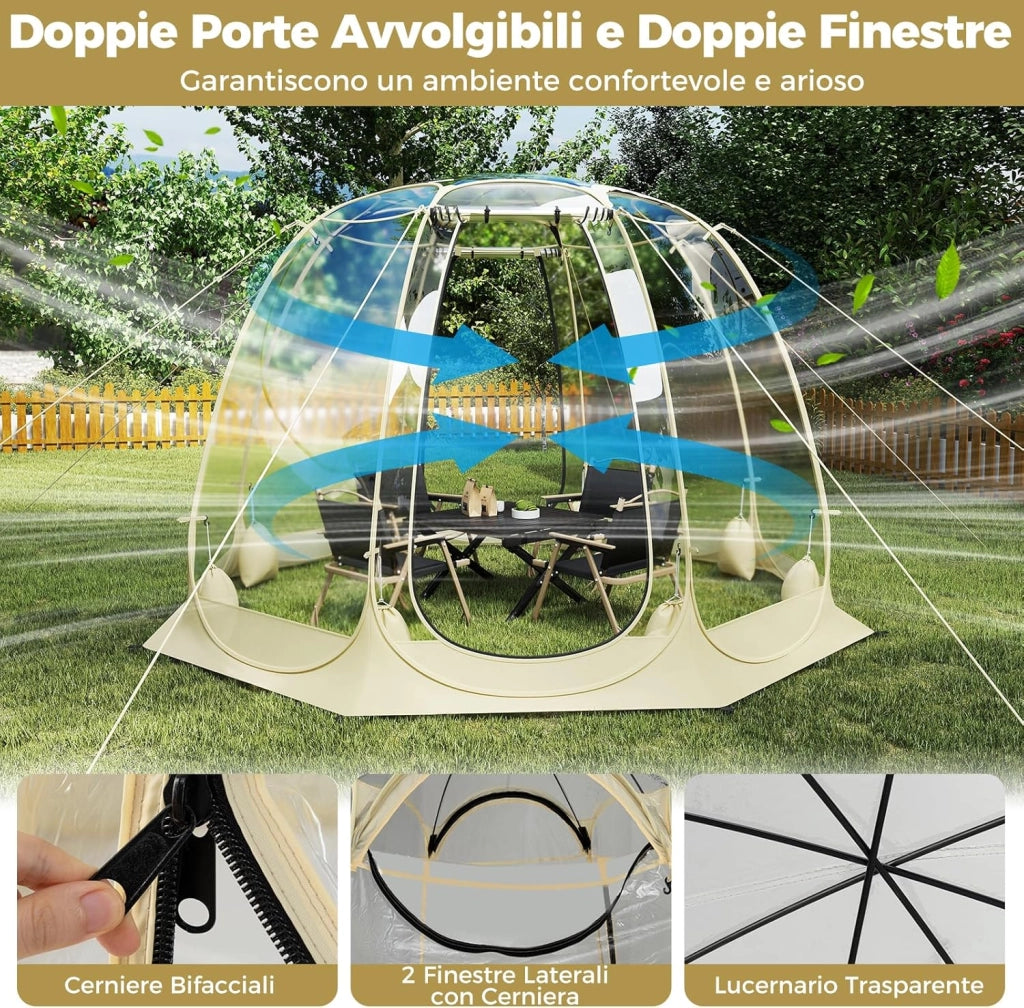 Tenda a Bolle Pop Up, Tenda da Campeggio Trasparente per 5-6 Persone, Antivento e Impermeabile, Igloo Portatile da Giardino in PVC, per Pesca, Spiaggia, Eventi Sportivi e Attività all’Aperto