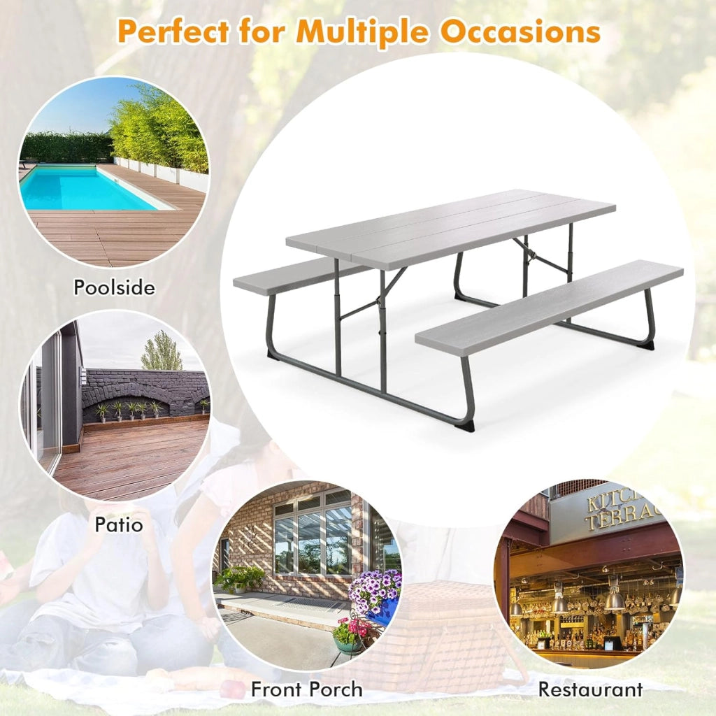 Set tavolo da picnic con panchine, set di mobili da giardino pieghevole per 8 persone con telaio in metallo piano in HDPE, 183 cm foro per ombrellone, grigio