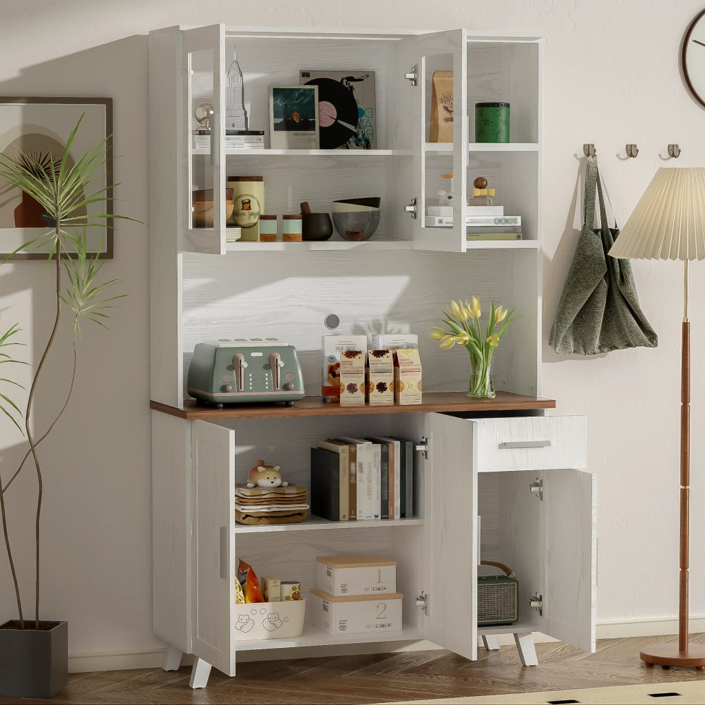 Credenza con 5 Ante 1 Cassetto 2 Vani Aperti e Ante in Vetro per Soggiorno in Pannello 114 x 40 x 190 cm Bianco e Marrone
