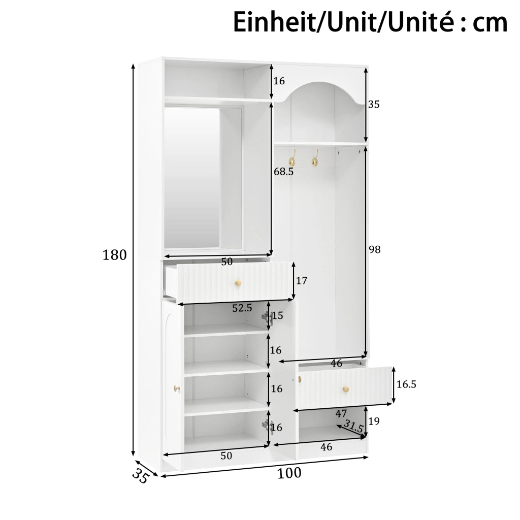 Mobili da ingresso con specchio, seduta, ganci e LED, 2 cassetti, ripiani regolabili, in MDF bianco, 100 × 35 × 180 cm