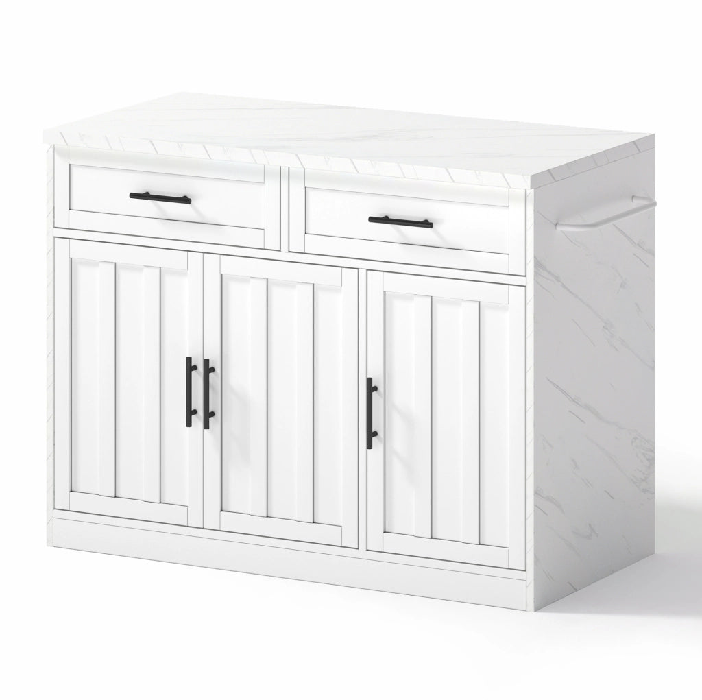 Isola da cucina 120x60x91 cm con zona bar; ripiani regolabili in MDF bianco