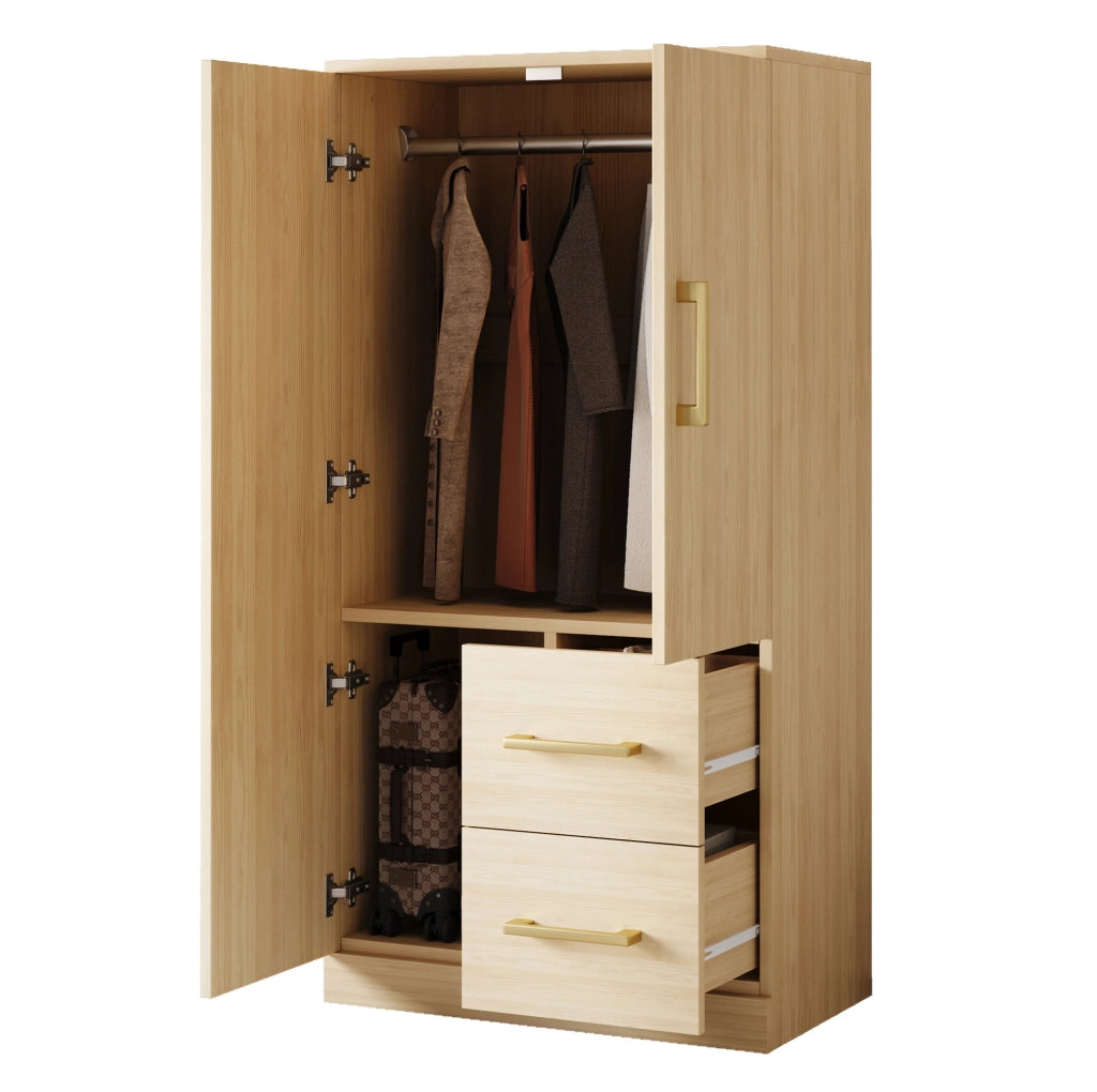 Armadio 70x40x135 cm con doppie ante; due cassetti e ampio spazio; legno naturale