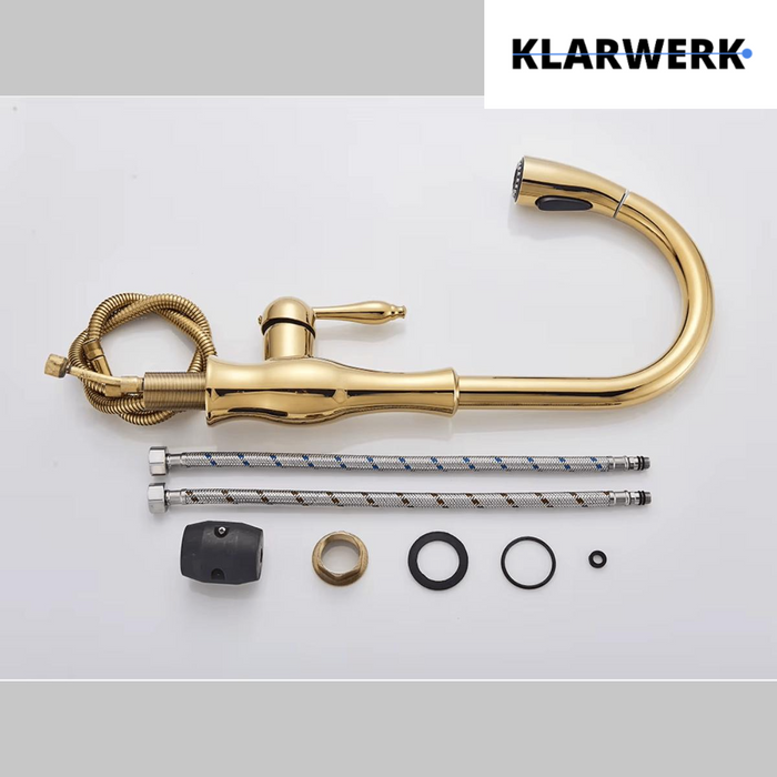 NAVIS | Elegante rubinetto cucina estraibile in acciaio inox dorato, arco alto, miscelatore di lusso, alta pressione, 360°, 2 attacchi