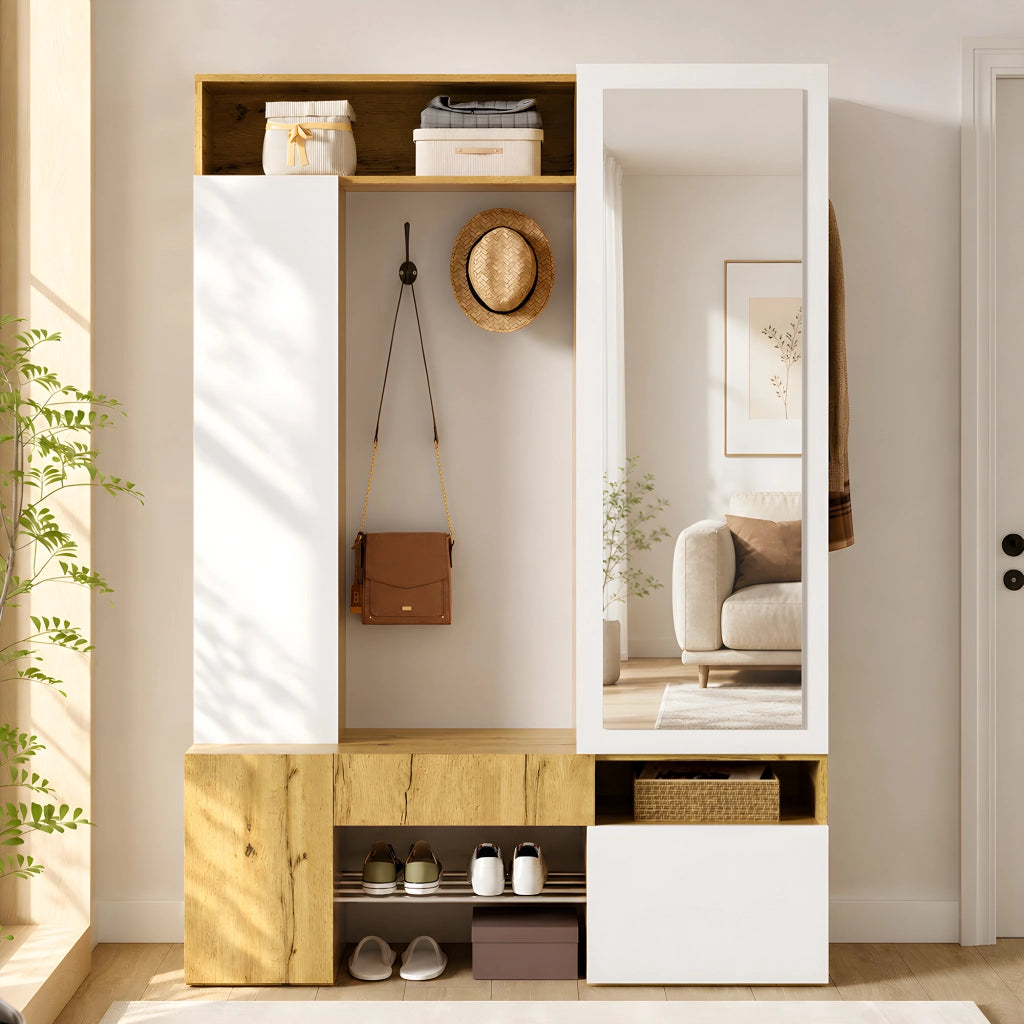 Guardaroba in MDF con specchio, scarpiera, mobile ingresso, appendiabiti con asta e ganci