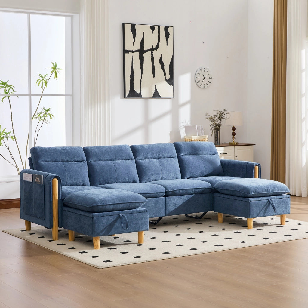 Divano panoramico a U modulare con 2 pouf contenitore e tasche laterali in chenille blu 261 × 77 × 86 cm