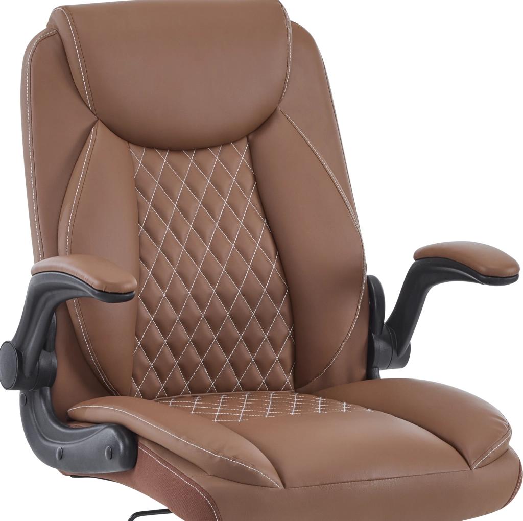 Sedia da ufficio ergonomica con supporto lombare; braccioli ribaltabili e seduta imbottita; marrone