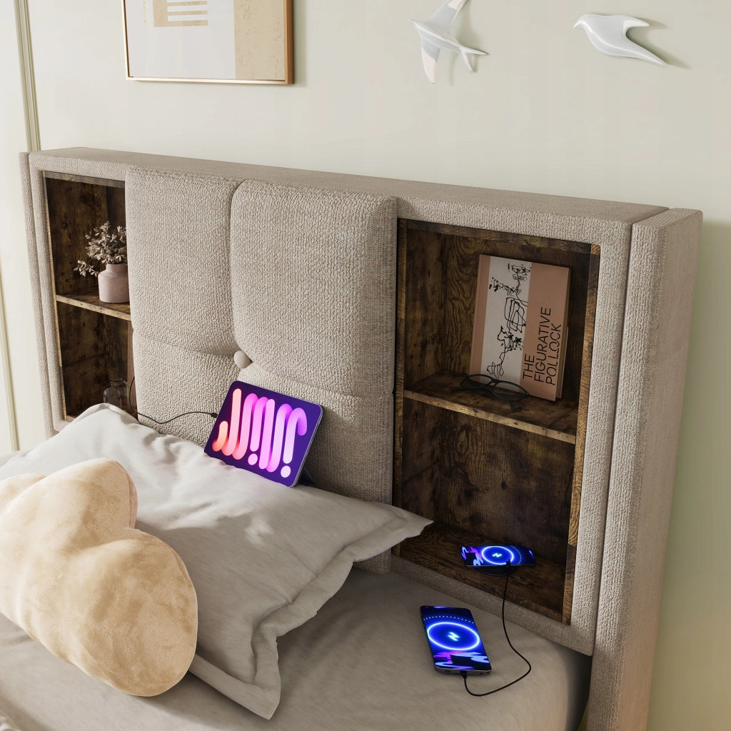 Letto imbottito 90x200 - Xylo - Con materasso, ricarica wireless e USB-C