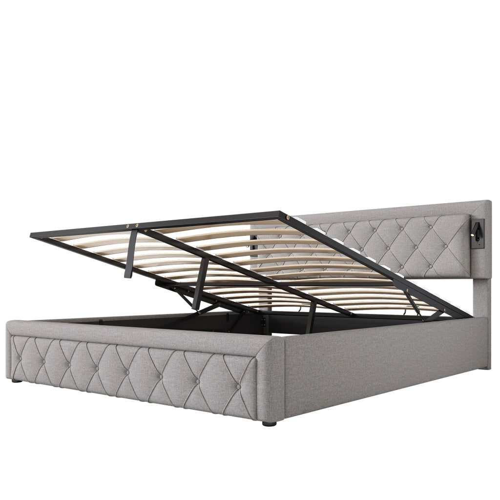 Letti contenitori 180x200 cm; LED e porte USB; lino grigio