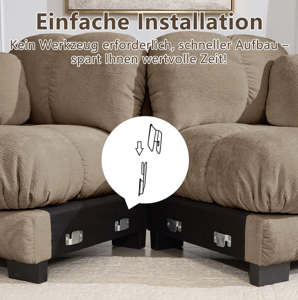 Divano angolare modulare a L 4 posti con pouf mobile 330x149x90 cm in ciniglia marrone