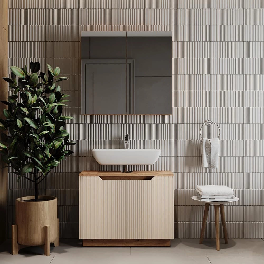 Set di mobili da bagno Lotta, Rovere/cashmere a righe, 2 parti