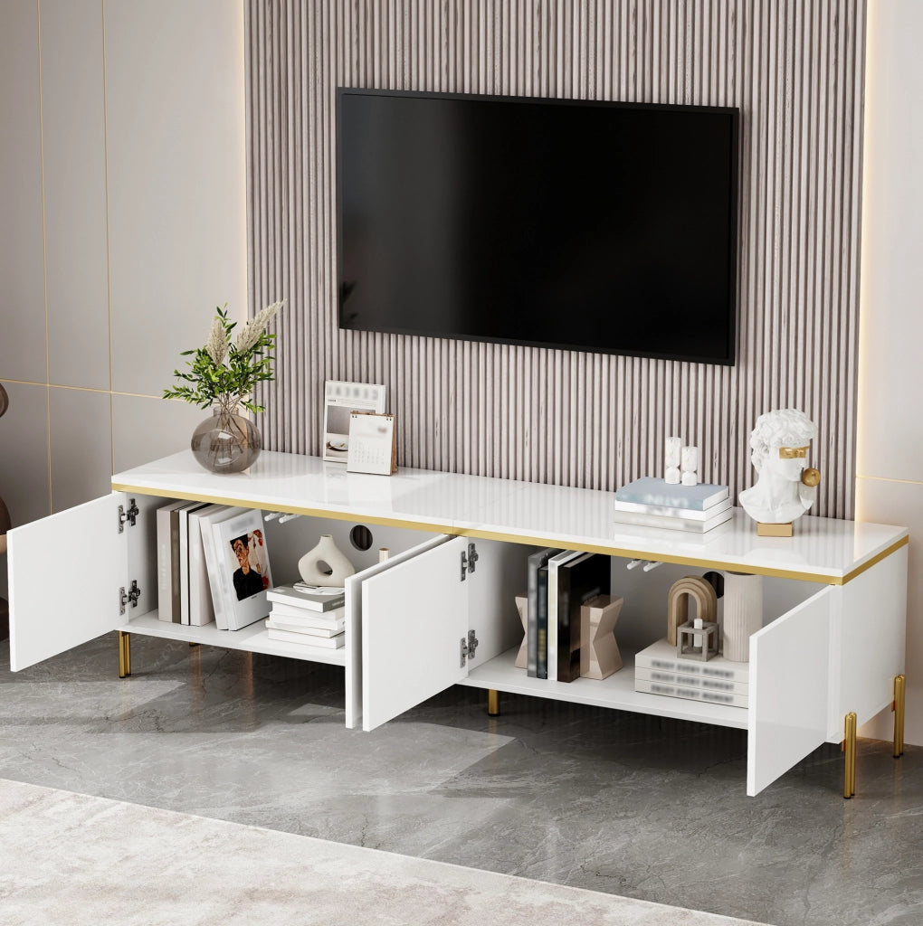 Mobile TV bianco lucido 170x38x50 cm con 4 ante e passacavi