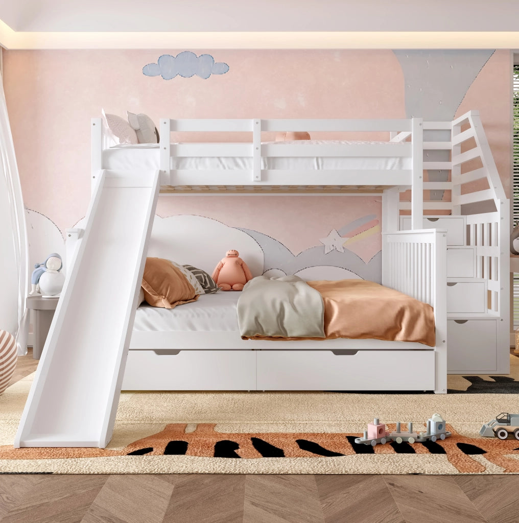 Letto a castello multifunzionale bianco 90x200 su 140x200 con scivolo e cassetti