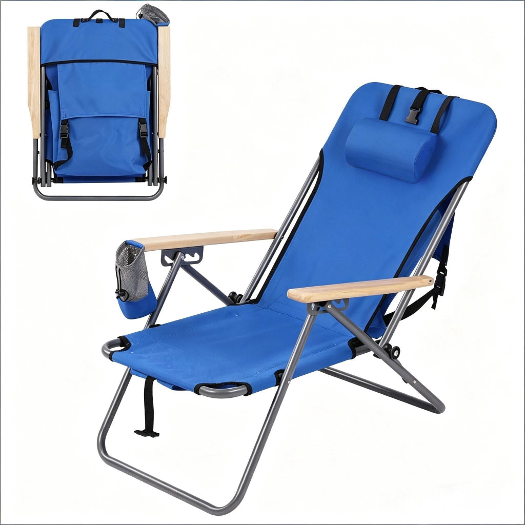 Sedia pieghevole da esterno blu con schienale reclinabile in 4 posizioni e design zaino