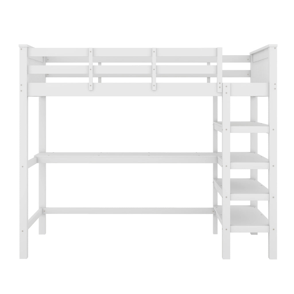 Letto a castello bianco in pino con scrivania sottostante e ripiani 90x200 cm