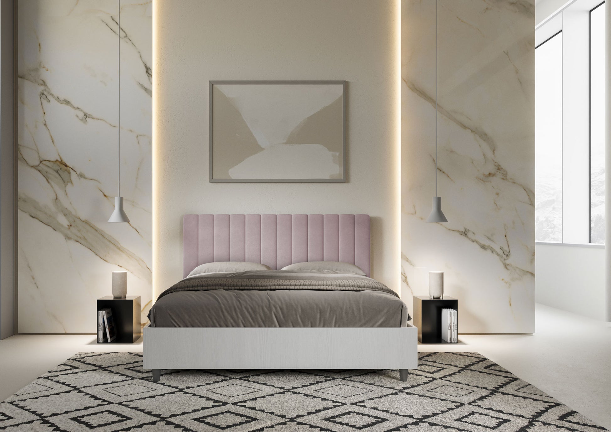 Letto Matrimoniale 160x190 cm con Rete e Contenitore Alzata Comoda Struttura Bianco Frassico e Testata in Microfibra