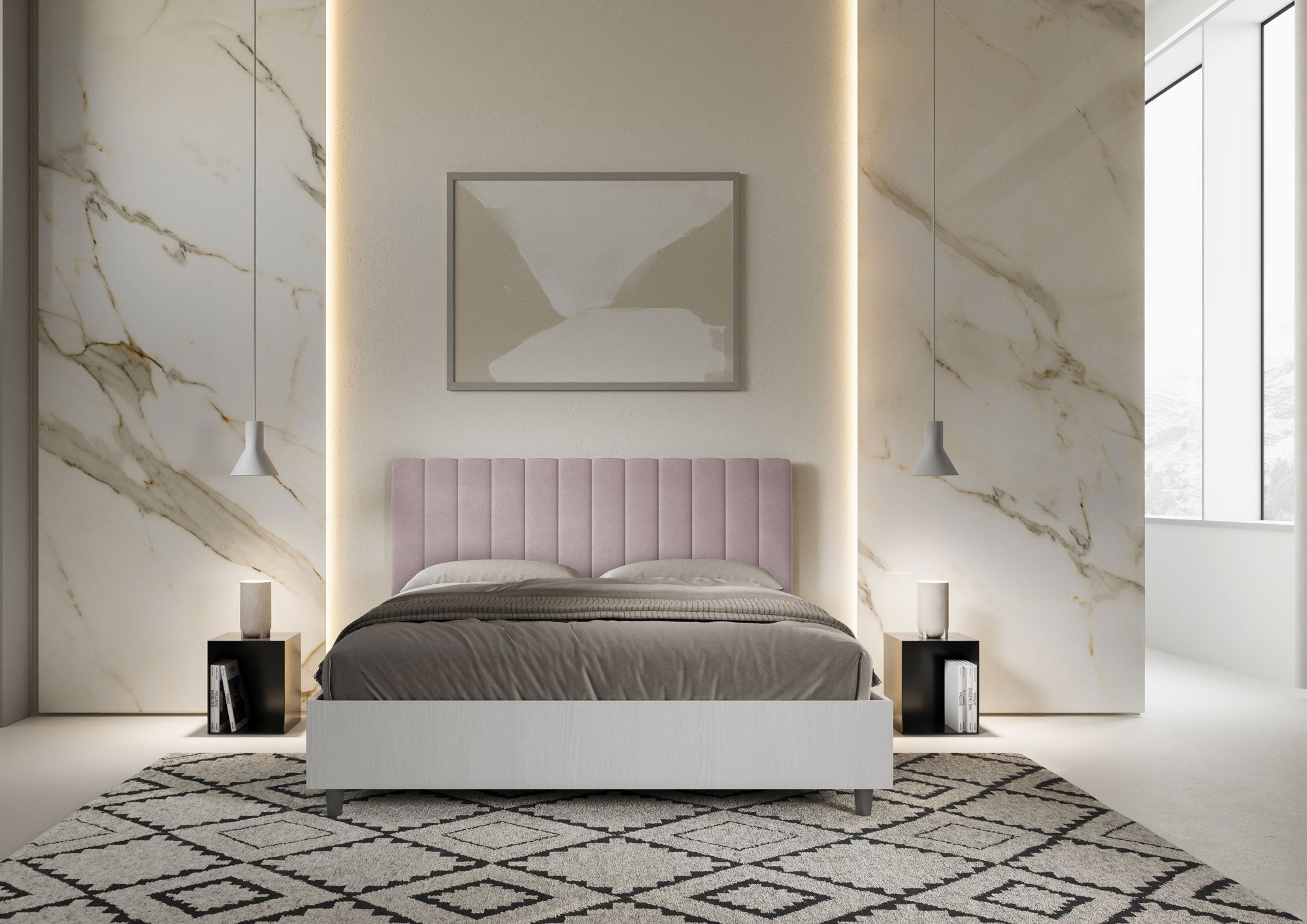 Letto Matrimoniale 160x190 cm con Rete e Contenitore Alzata Comoda Struttura Bianco Frassico e Testata in Microfibra