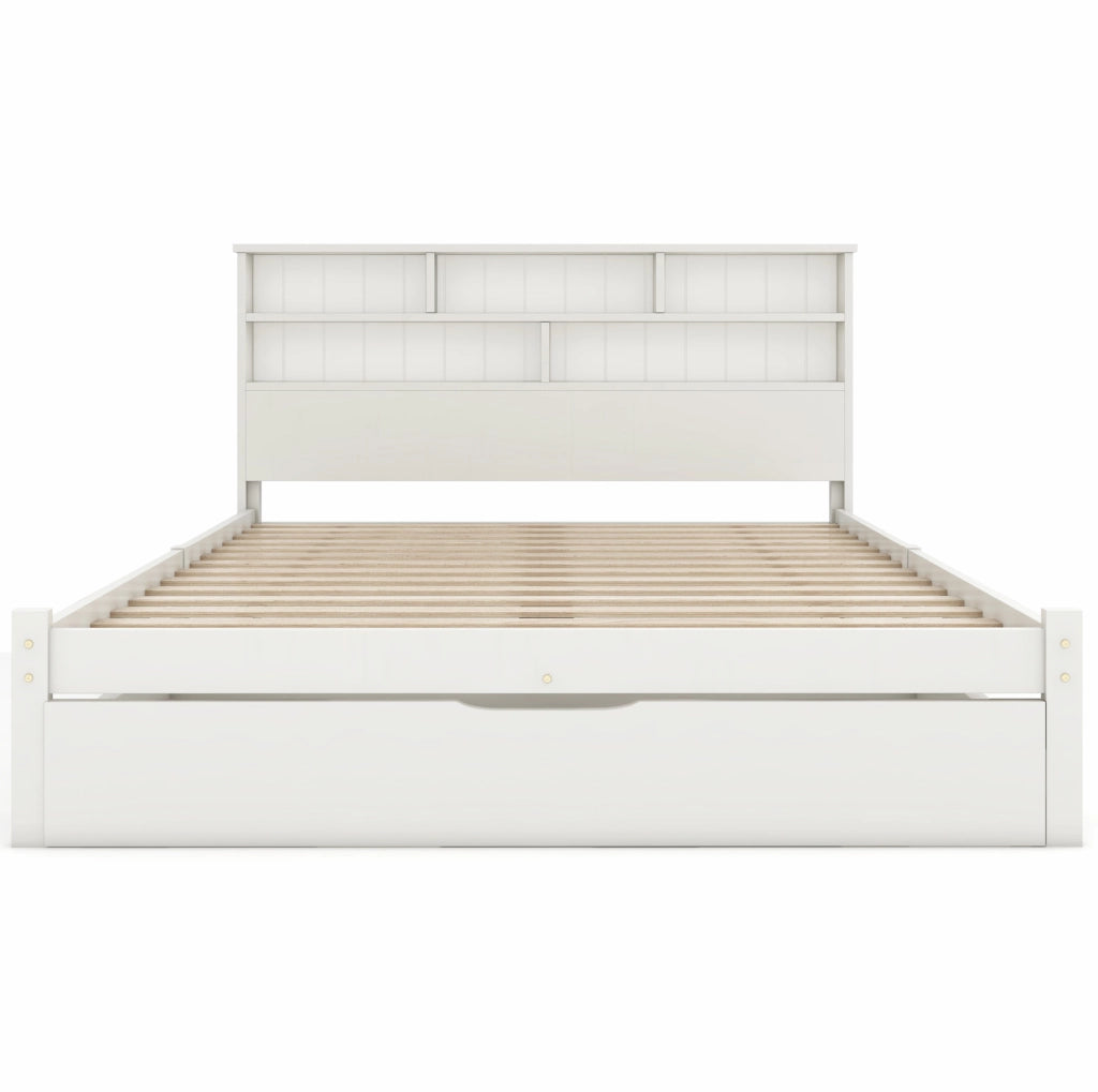 Letto 140x200 cm con cassetti e testiera libreria in legno di pino e MDF bianco